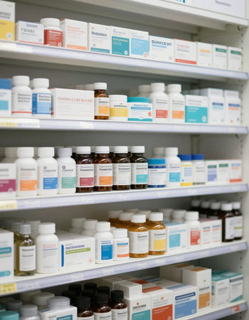 Pharmacy and drugstore shelves with pharmaceutical medicine bottles and containers