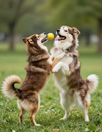 Two happy dogs playing with a ball in the park. Selective focus.