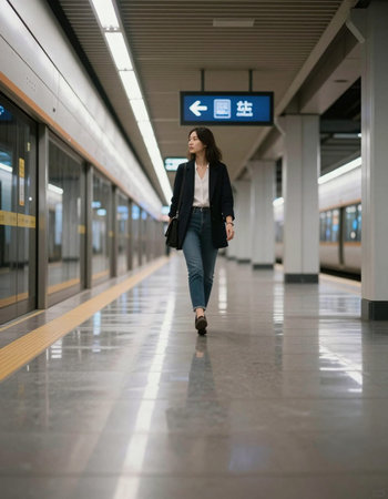 Young businesswoman walking in the metro station. She is wearing a jacket and jeans.