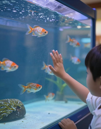 Cute asian boy looking at fishes in aquarium at home.