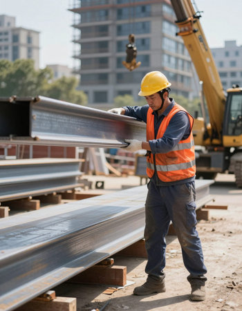 Worker carrying a metal profile on a construction site with a crane