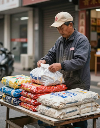 Unidentified asian man unloading plastic bags from a truck in Tokyo.