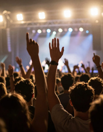 Concert crowd in front of bright stage lights with hands raised at a music festival