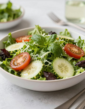 Fresh vegetable salad with cucumber, tomato, lettuce, arugula and sesame seeds in a bowl on a light background.