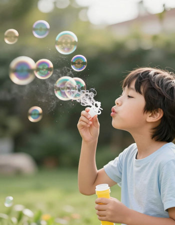 Cute asian boy blowing soap bubbles in the park, selective focus