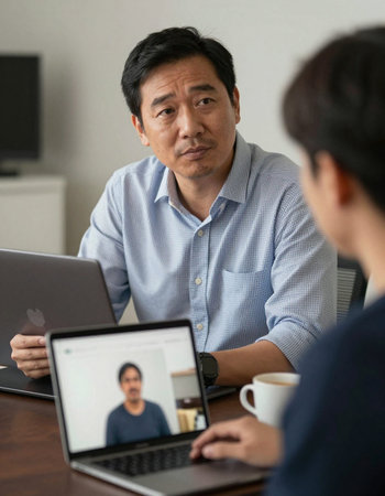 Asian businessman talking with his colleague on video call in office. Asian man using laptop computer for online meeting with colleagues.