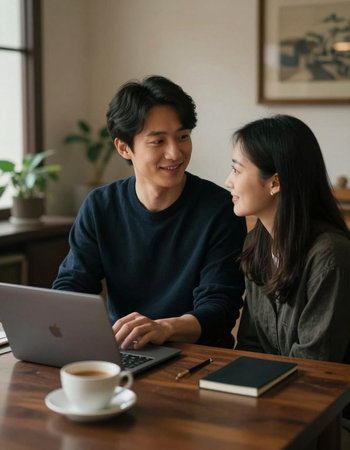 Young asian couple using laptop in coffee shop. Asian man and woman sitting at table and using laptop.