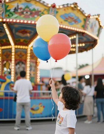 A little boy holding balloons in front of a merry-go-round