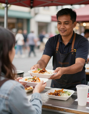asian man serving food to his girlfriend at the street food market