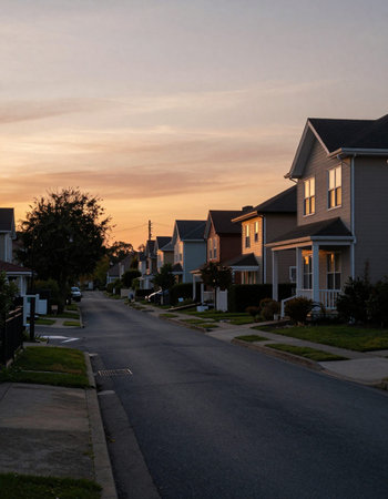 Sunset in a suburban neighborhood in New York City, USA.