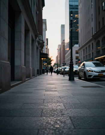 Traffic on the street at sunset in New York City, USA.