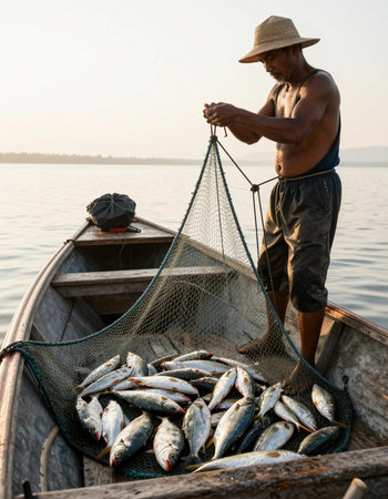 Fisherman with catch of fish on the boat in the morning