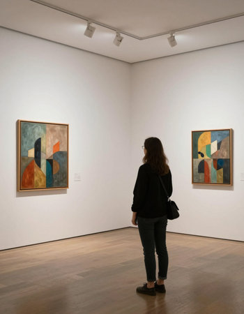 Woman looking at artworks in the museum of modern art, Lisbon, Portugal