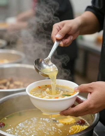 Chef is cooking soup in a pot, closeup of hands