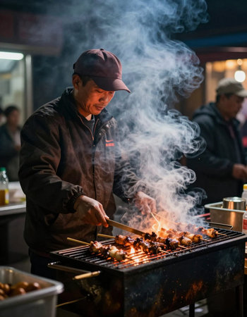 Unidentified Chinese man grilling shish kebab on street food market in Hong Kong.