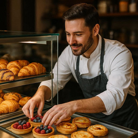 smiling male pastry chef in apron making buns in bakery