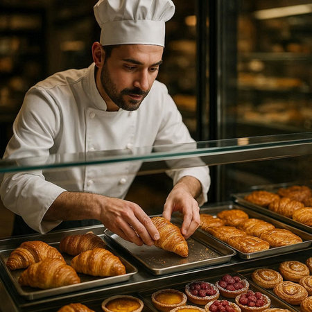 Male pastry chef putting croissants in a tray in a bakery