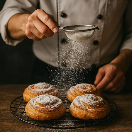 Baker sprinkling sugar powder on cinnamon buns. Bakery concept