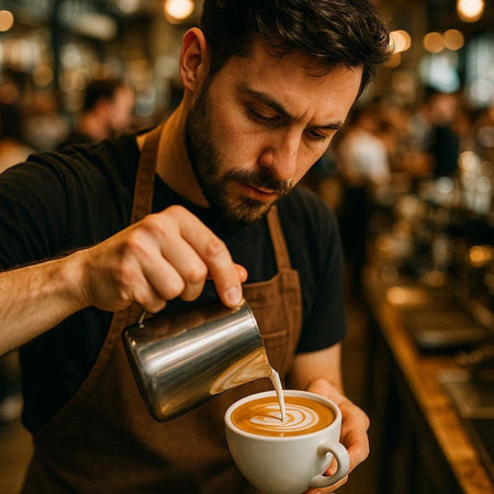 Barista pouring milk into a cup of cappuccino coffee
