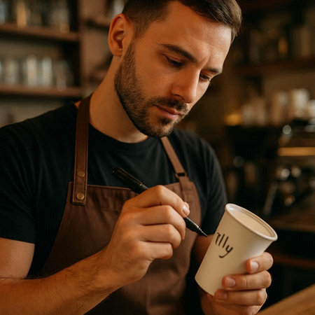 close up of a barista holding a cup of coffee in his hands
