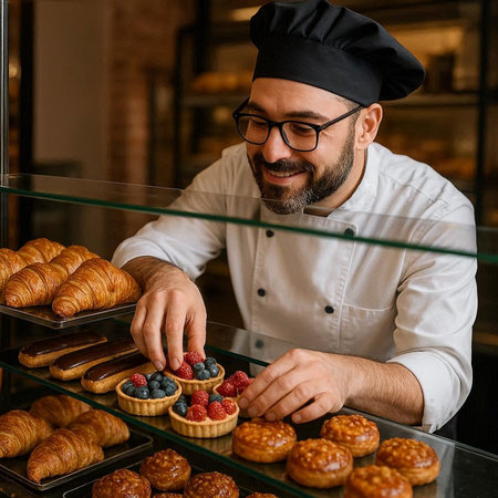 Portrait of a smiling male pastry chef working at the bakery.