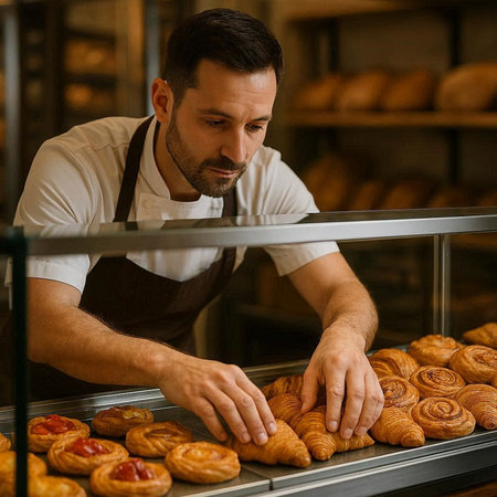 Baker at work. Handsome young man in apron holding buns and smiling while working in bakery