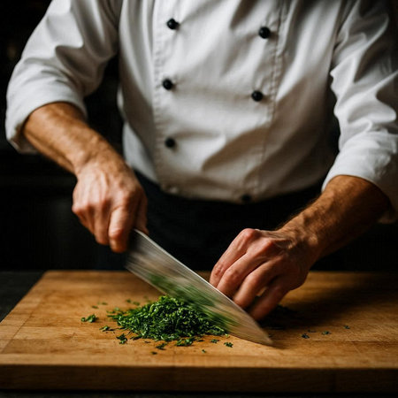 Chef cutting parsley on a wooden board in a restaurant kitchen