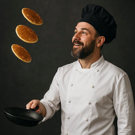 Chef holding a frying pan with falling pancakes on a dark background