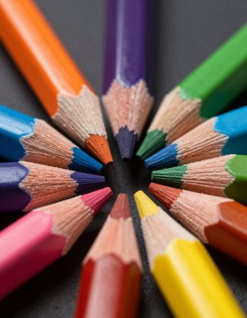 Colorful pencils on grey background, close-up, macro