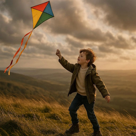 Cute little boy flying a kite in the mountains at sunset