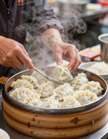 steamed dumplings in a street food market in china