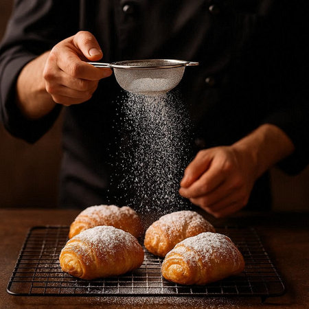 Croissants sprinkled with powdered sugar on a dark background, close-up