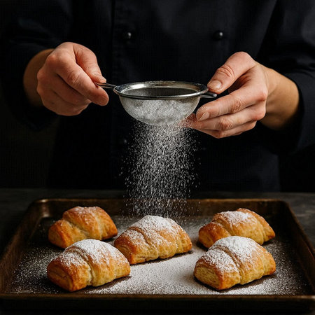 croissants in the hands of a pastry chef on a dark background