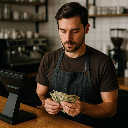 handsome barista counting dollar banknotes at counter in coffee shop