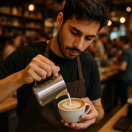 Barista pouring milk into cup of cappuccino coffee.