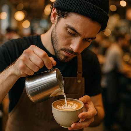 Portrait of a handsome barista pouring milk into a cup of coffee
