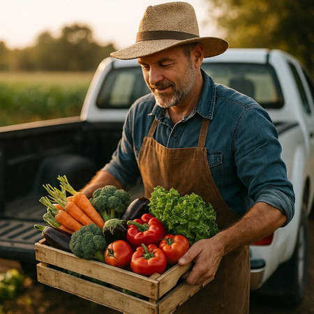 Farmer holding a wooden box full of fresh vegetables in the field