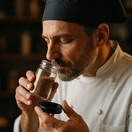Close-up of a bearded male chef holding a jar of ground coffee.