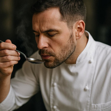 man in a white shirt with a spoon in his hand and a beard