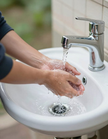 Woman washing her hands under running water in the bathroom. Close up