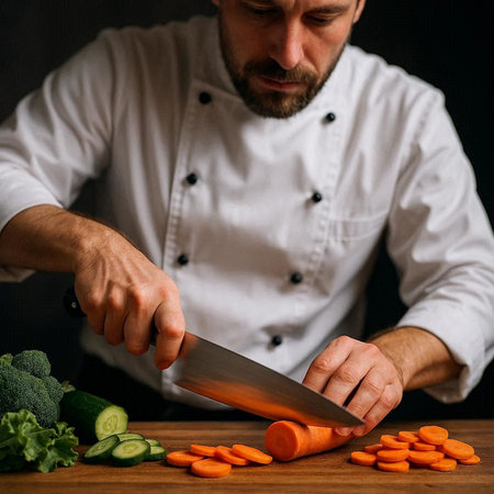 Chef cutting carrots on a wooden board. The concept of a healthy lifestyle.