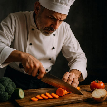 Chef cutting vegetables on a wooden board in a restaurant kitchen.