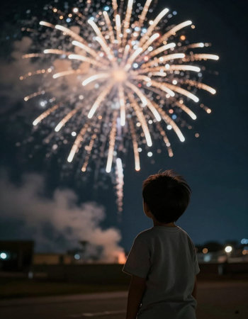 Boy looking at fireworks in the night sky with a blurred background.の写真素材