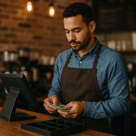 african american barista counting cash at counter in coffee shop