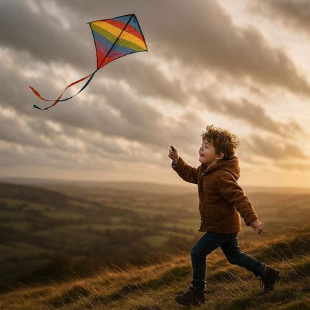 Little boy flying a kite in the mountains at sunset. Happy child playing outdoors.