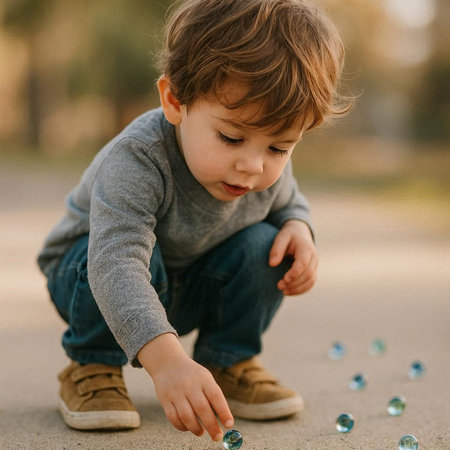 Cute little boy playing with marbles in the park on a sunny day