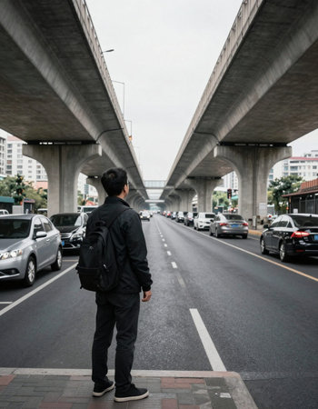 Man walking under a bridge in Bangkok, Thailand. The concept of urban life.