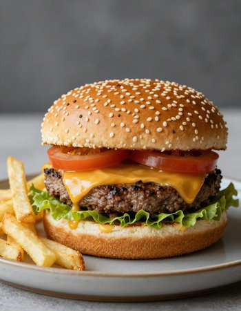 Cheese burger - American cheese burger with Golden French fries on gray background