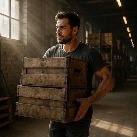 Portrait of a handsome bearded man holding wooden boxes in warehouse.