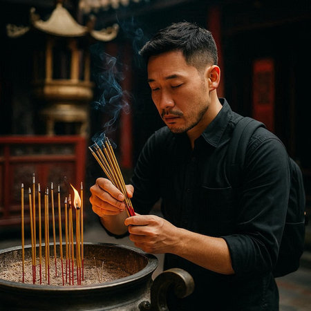 Handsome asian man lighting incense in the temple.